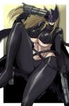  1girl abs beelstarmon black_background black_coat black_pants blonde_hair border breasts coat digimon digimon_(creature) dual_wielding eye_mask finger_on_trigger gradient_background highres holding large_breasts mas_square mask open_clothes open_coat pants purple_eyes purple_lips simple_background third_eye underboob white_border yellow_background 