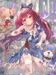  1girl bandaged_arm bandaged_leg bandages blue_bow blue_dress bow bug butterfly clenched_teeth copyright_notice dress dress_bow glowing_butterfly hair_bow long_hair looking_at_viewer nei_(z/x) official_art outstretched_arms red_eyes red_hair serino_itsuki smile stitched_arm stitched_neck stitches stuffed_animal stuffed_toy stuffed_wolf teddy_bear teeth thighhighs torn_clothes torn_dress torn_thighhighs twintails white_bow white_thighhighs z/x zombie_pose 