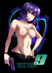  breasts caffein denim ghost_in_the_shell ghost_in_the_shell_stand_alone_complex groin gun hand_on_hip highres jeans kusanagi_motoko large_breasts lips navel nipples no_panties pants purple_hair red_eyes seburo_m5 solo topless trigger_discipline unzipped watch weapon wristwatch 