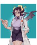  1girl absurdres arupg bags_under_eyes black_hair black_skirt blue_background book breasts coat commission cosplay cowboy_shot demon_girl demon_horns demon_wings digimon digimon_(creature) facial_mark forehead_mark glasses hair_bun highres holding holding_book horns lab_coat large_breasts lilithmon miniskirt mole mole_under_eye open_clothes open_coat pointy_ears purple_lips round_eyewear simple_background skirt solo terriermon_joshu terriermon_joshu_(cosplay) white_coat wings 