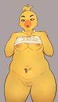  2025 absurd_res anthro anthro_focus apron apron_only avian beak belly_lick big_breasts big_nipples bird blonde_hair bodily_fluids breasts chica_(fnaf) chicken clothing disembodied_tongue english_text eyebrows female female_focus five_nights_at_freddy's front_view galliform gallus_(genus) genitals grey_background hair half-closed_eyes hewa hi_res looking_down narrowed_eyes nipples orange_beak orange_nipples overweight overweight_anthro overweight_female phasianid purple_eyes raised_apron raised_eyebrow scottgames simple_background solo solo_focus standing sweat text thick_thighs tongue vulva white_apron white_clothing wide_hips 