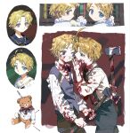  2boys aged_down ahoge america_(hetalia) arm_behind_back axe axis_powers_hetalia black_necktie black_shorts blonde_hair blood blood_in_hair blood_on_axe blood_on_clothes blood_on_face blood_on_hands blue_eyes blue_shirt blush book bookshelf brown_shorts canada_(hetalia) child collared_shirt covering_own_mouth cowboy_shot fingernails frills from_behind half-closed_eyes hand_up highres holding holding_axe implied_murder knife long_sleeves looking_at_another looking_at_viewer looking_back male_focus multiple_boys multiple_views necktie needle northdiiiio puffy_long_sleeves puffy_sleeves purple_eyes purple_vest robe sailor_collar shirt short_hair shorts standing stuffed_animal stuffed_toy suspender_shorts suspenders teddy_bear teeth vest white_robe white_shirt 