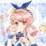  1girl :q =_= ahoge animal bare_shoulders beaker beret blue_background blue_bow blue_bowtie blue_choker blue_dress blue_sleeves blue_wrist_cuffs blunt_bangs border bow bow_choker bowtie brooch brown_eyes bubble bubble_wand bubbly_voyage_(infinity_nikki) cat choker closed_mouth clothed_animal collared_dress detached_hood detached_sleeves dot_nose dress eyelashes frilled_choker frilled_sleeves frilled_wrist_cuffs frills hair_intakes hair_ornament hair_rings hairclip happy hat hat_bow highres hood hood_up infinity_nikki jewelry lace lace_border letterboxed light_blush light_particles looking_at_viewer loose_hair_strand momo_(nikki) nikki_(nikki) nikki_(series) orange_bow orange_bowtie ornate_border paw_pose pear-pal_(infinity_nikki) pink_hair plaid_background rabbit_hair_ornament sample_watermark short_hair_with_long_locks short_sleeves smile sparkle star_(symbol) star_hair_ornament strapless strapless_dress tongue tongue_out traditional_bowtie upper_body water_gun watermark watermark_grid wavy_hair whiskers white_border white_cat white_hat wrist_cuffs xinjinjumin119452239806 yellow_hood 
