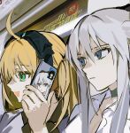  1boy 2girls ahoge artoria_caster_(fate) artoria_pendragon_(fate) black_hair blonde_hair blue_eyes cellphone choker fate/grand_order fate_(series) green_eyes grey_hair hairband holding holding_phone long_hair looking_at_phone man_looks_at_himself_on_someone's_phone_(meme) meme morgan_le_fay_(fate) multiple_girls oberon_(fate) oberon_(moody_summer_oberon)_(fate) oberon_(third_ascension)_(fate) open_mouth phone photo-referenced shirt smartphone smile ss_un17 train_interior 