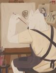 anthro apron bottomwear brush canid canine canvas clothing fur head_tuft hi_res holding_object male mammal paintbrush painting painting_(object) pointy_ears rear_view self_insert shirt shorts sitting solo topwear tuft w0lfi white_body white_fur
