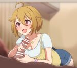  1boy 1girl ahoge bar_censor bent_over blue_shorts blurry blurry_background blush breasts brown_hair camisole camisole_over_clothes caressing_testicles censored cleavage clothed_female_nude_male clothed_sex collarbone cowboy_shot denim denim_shorts erection hair_between_eyes hair_flaps handjob hetero highres ibuki_tsubasa idolmaster idolmaster_million_live! jewelry looking_at_another milliani necklace nude open_mouth penis pointless_censoring red_eyes saliva saliva_trail shirt short_hair short_shorts short_sleeves shorts solo_focus star_pendant t-shirt testicles white_shirt wristband yellow_camisole 