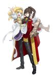  1boy 1girl absurdres armor armored_boots armored_dress back_bow black_shirt blonde_hair blue_eyes boots bow breastplate bright_pupils brown_eyes brown_hair carrying carrying_person coat dress frilled_dress frills greaves high_heel_boots high_heels highres japanese_clothes jinbaori layered_dress long_hair looking_at_viewer ponytail princess princess_carry puffy_short_sleeves puffy_sleeves red_coat remase2642 sekaiju_no_meikyuu sekaiju_no_meikyuu_3 shirt shogun_(sekaiju) shogun_1_(sekaiju) short_sleeves smile sovereign_(sekaiju) sovereign_2_(sekaiju) tassel teeth tiara upper_teeth_only white_bow white_dress white_pupils 