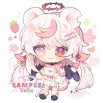  1girl animal_ears bandaged_leg bandages bandaid bandaid_on_leg bear_ears bear_girl black_shoes blush_stickers cardigan chibi chibi_only closed_mouth commentary commission english_commentary food fruit full_body hair_ribbon halo heterochromia holding holding_letter letter long_hair long_sleeves love_letter low_twintails mirta multicolored_hair open_cardigan open_clothes original pink_eyes pink_hair pink_ribbon pink_scarf pleated_skirt red_eyes red_halo ribbon scarf shoes simple_background skirt smile solo standing strawberry streaked_hair twintails watermark white_background white_cardigan white_skirt 