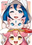  2girls :3 animal animal_ear_headwear blue_eyes blue_hair border cat close-up closed_mouth cotton_izanai&#039;s_prophecy duel_masters goggles goggles_on_head head_on_head head_rest hood hood_up kemonomichi_(blue_black) milk_(duel_masters) multiple_girls nyahan_(duel_masters) official_art open_mouth outside_border pink_hair signature teeth translation_request upper_teeth_only white_border white_hood yellow_eyes 