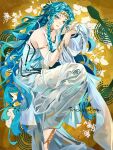  1girl absurdres barefoot blue_hair dress fang from_side full_body gem gem_hair_ornament gold_headband green_eyes green_gemstone hands_up highres hissabeth hissabeth_(serpentine_primavera) long_dress long_hair official_alternate_costume own_hands_together parted_lips plant red_pupils reverse:1999 shawl sleeveless sleeveless_dress slit_pupils snake snake_on_head solo very_long_hair white_dress white_shawl wu_fuzuoyong yellow_background 