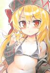  1girl alternate_costume baku-p bikini black_bikini black_hat black_shirt blonde_hair blush breasts closed_mouth collarbone commentary_request dot_mouth hat highres holding holding_own_hair lily_black lily_white long_hair long_sleeves marker_(medium) navel red_eyes shirt small_breasts solo swimsuit touhou traditional_media upper_body very_long_hair wings 