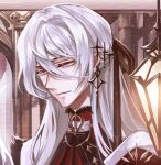  1boy alternate_costume black_ribbon brooch cael_anselm chinese_commentary closed_mouth earclip earrings fur_trim hair_between_eyes hair_ribbon half_updo jewelry long_bangs long_hair long_hair_between_eyes looking_down lovebrush_chronicles male_focus neck_ribbon portrait purple_eyes red_shirt ribbon shirt single_earring smile snow234 solo sparkle_hair_ornament white_hair 