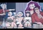  1boy 5girls angel apron azazel_(helltaker) beelzebub_(helltaker) black_apron black_hair blue_eyes blush bottle breasts controller couch cup ear_piercing face_piercing food game_controller halo helltaker helltaker_(character) highres holding holding_controller holding_cup holding_game_controller holding_plate jdw laughing lucifer_(helltaker) malina_(helltaker) mouth_piercing multiple_girls nose_piercing on_couch open_mouth pancake piercing plate popcorn portal_(object) red_eyes red_shirt sharp_teeth shirt short_hair sitting smug sunglasses teeth white_hair white_shirt zdrada_(helltaker) 