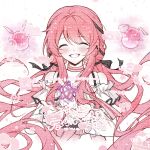  1girl ^_^ absurdres bare_shoulders belt black_belt black_ribbon blue_bow blush bow bow_choker bowtie bra_strap chinese_commentary choker closed_eyes collarbone commentary_request commission cropped_legs cyfrost eureka_(infinity_nikki) eyelashes frilled_shirt frilled_sleeves frills grin hair_bow hair_ribbon happy highres infinity_nikki layered_skirt light_particles lips long_hair long_sleeves low_twintails nikki_(nikki) nikki_(series) object_floating_above_hand off-shoulder_shirt off_shoulder perfect_start_(infinity_nikki) pink_bow pink_bowtie pink_choker pink_hair pink_lips pink_skirt pleated_skirt puffy_long_sleeves puffy_sleeves ribbon sample_watermark shirt simple_background single_stripe skirt sleeves_past_wrists smile solo star_(symbol) striped_bow striped_bowtie striped_choker striped_clothes too_many_watermarks tress_ribbon twintails very_long_hair watermark watermark_grid wavy_hair whimstar_(infinity_nikki) white_background white_shirt yarn 