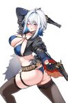  1girl :q alternate_costume ass bayonetta_(series) bikini black_gloves black_jacket black_thighhighs blue_bikini blue_hair blush breasts cleavage closed_mouth colored_inner_hair commentary cropped_jacket dual_wielding foxyreine galbrena_(wuthering_waves) gloves gold_choker gun highres holding holding_gun holding_weapon jacket looking_at_viewer medium_hair mole mole_on_neck multicolored_hair one_eye_closed pose_imitation purple_eyes simple_background skindentation smile solo sweatdrop swimsuit thighhighs thighs tongue tongue_out torso_twist v-shaped_eyebrows weapon white_background wuthering_waves 