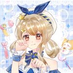  1girl :q =_= ahoge animal bare_shoulders beaker beret blonde_hair blue_background blue_bow blue_bowtie blue_choker blue_dress blue_sleeves blue_wrist_cuffs blunt_bangs border bow bow_choker bowtie brooch brown_eyes bubble bubble_wand bubbly_voyage_(infinity_nikki) cat choker closed_mouth clothed_animal collared_dress detached_hood detached_sleeves dot_nose dress eyelashes frilled_choker frilled_sleeves frilled_wrist_cuffs frills hair_intakes hair_ornament hair_rings hairclip happy hat hat_bow highres hood hood_up infinity_nikki jewelry lace lace_border letterboxed light_blush light_particles looking_at_viewer loose_hair_strand momo_(nikki) nikki_(series) orange_bow orange_bowtie ornate_border paw_pose pear-pal_(infinity_nikki) plaid_background rabbit_hair_ornament sample_watermark short_hair_with_long_locks short_sleeves smile sparkle star_(symbol) star_hair_ornament strapless strapless_dress tongue tongue_out traditional_bowtie upper_body water_gun watermark watermark_grid wavy_hair whiskers white_border white_cat white_hat wrist_cuffs xinjinjumin119452239806 yellow_hood 