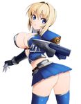 ass asuru_(armor) blonde_hair blue_eyes breasts cleavage gloves grune large_breasts miniskirt monster_hunter short_hair simple_background skirt solo thighhighs 