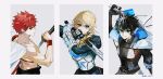  1girl 2boys ahoge armor armored_dress artoria_pendragon_(fate) black_hair blonde_hair blue_dress blue_ribbon braid breastplate breasts cape charlemagne_(fate) charlemagne_(first_ascension)_(fate) dress emiya_shirou excalibur_(fate/stay_night) fate/grand_order fate/stay_night fate_(series) faulds gauntlets green_eyes hair_bun hair_ribbon highres holding holding_sword holding_weapon joyeuse_ordre_(fate) juliet_sleeves katana long_hair long_sleeves looking_at_viewer medium_breasts multiple_boys puffy_sleeves red_hair ribbon saber_(fate) senji_muramasa_(fate) sidelocks ss_un17 sword weapon 