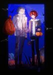  2boys 4421014481 absurdres ahoge aotsuki_eito axe bat_(animal) black_gloves black_hair black_pants black_shoes blood blood_on_clothes blue_eyes blue_jacket candelabra candle candlestand chinese_commentary closed_eyes closed_mouth commentary_request drawstring eyelashes frown full_body glasses gloves grey_hair grey_jacket halloween_bucket high_collar highres holding holding_axe holding_sack hood hood_down hoodie jacket jacket_over_hoodie long_sleeves male_focus multicolored_hair multicolored_jacket multiple_boys night open_clothes open_jacket outdoors pants pocket red_hair sack shoes short_hair smile streaked_hair sumino_takumi sweat the_hundred_line_-last_defense_academy- thigh_strap two-tone_hair two-tone_jacket white_hoodie white_jacket white_pants white_shoes 