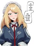  1girl absurdres blonde_hair braid braided_ponytail centaureissi_(girls&#039;_frontline_2) centaureissi_(neural_cloud) duplicate english_commentary frilled_headwear g36_(girls&#039;_frontline) german_text girls&#039;_frontline girls&#039;_frontline_2:_exilium green_eyes highres iced_latte_with_breast_milk_(meme) long_hair looking_at_viewer maid maid_headdress meme open_mouth puffy_short_sleeves puffy_sleeves short_sleeves simple_background solo speech_bubble sskai upper_body white_background 