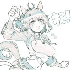  1girl ahoge animal_ears belt blush breasts checkered_ribbon dantsu_flame_(center_spotlight)_(umamusume) dantsu_flame_(umamusume) ear_covers ear_ribbon hair_between_eyes hair_ornament highres horse_ears horse_girl horse_tail large_breasts leggings limited_palette long_sleeves looking_at_viewer midriff multicolored_hair navel nosir_onadat open_mouth shirt shorts shrug_(clothing) simple_background smile solo tail tied_shirt umamusume 