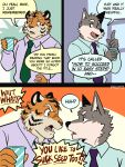  5_fingers anthro canid canine canis clothed clothing comic countershade_face countershade_fur countershading dialogue duo english_text eyebrows felid fingers fruitz fur grey_body grey_fur hi_res humor male mammal mike_(fruitz) multiple_scenes necktie open_mouth orange_body orange_fur pantherine speech_bubble steve_(fruitz) striped_body striped_fur stripes text tiger wolf 