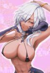  1girl abs areola_slip arm_behind_head armpits au_ra bikini bikini_pull black_bikini blue_eyes bracelet breasts clothes_pull commission covered_nipples dark-skinned_female dark_skin dragon_horns english_text final_fantasy final_fantasy_xiv grey_hair grin hair_over_one_eye heterochromia highres horn_ornament horn_ring horns jewelry kawasumi_mahiro large_breasts lips looking_at_viewer medium_hair micro_bikini nail_polish navel open_mouth pink_background red_eyes scales sharp_teeth signature simple_background smile solo swimsuit teeth upper_body warrior_of_light_(ff14) 