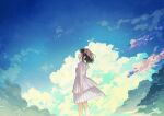  1girl arms_at_sides blue_sky booota brown_eyes brown_hair closed_mouth cloud cloudy_sky day dress layered_dress looking_up original outdoors pleated_dress profile short_hair sidelocks signature sky sleeveless sleeveless_dress solo white_dress wide_shot 