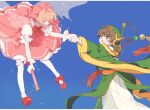  1boy 1girl blue_sky bow brown_eyes brown_hair cardcaptor_sakura chinese_clothes closed_eyes coat dress flying footwear_bow green_coat hat highres holding holding_hands holding_wand kinomoto_sakura li_syaoran looking_at_another magical_girl open_mouth pink_dress rii2a77ru short_hair sky sword sword_on_back tassel thighhighs wand weapon weapon_on_back white_thighhighs wide_sleeves wings 