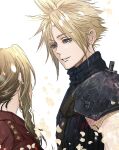  1boy 1girl aerith_gainsborough armor blonde_hair blue_eyes blue_shirt brown_hair cloud_strife earrings final_fantasy final_fantasy_vii final_fantasy_vii_rebirth final_fantasy_vii_remake highres jacket jewelry long_hair looking_at_another parted_lips red_jacket shirt short_hair shoulder_armor sidelocks single_earring single_shoulder_pad sleeveless sleeveless_turtleneck smile spiked_hair suspenders turtleneck ukanicoponpon wavy_hair white_background 