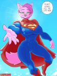 absurd_res anthro big_breasts breasts canid canine canis clothed clothing dc_comics digital_media_(artwork) english_text female hair hero heroine hi_res laureano looking_at_viewer mammal pink_body pink_hair simple_background sky smile solo supergirl superhero superman tail text