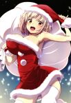  1girl :d armpits black_background blonde_hair blush breasts christmas cleavage contrapposto cowboy_shot dress fur-trimmed_dress fur_trim gradient_background hat highres holding holding_clothes holding_hat holding_sack izumi_mahiru large_breasts looking_at_viewer lycoris_recoil nishikigi_chisato non-web_source open_mouth orange_eyes red_dress sack santa_costume santa_hat scanlines short_dress short_hair smile solo strapless strapless_dress thighhighs white_thighhighs 