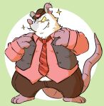 2024 american_opossum anthro bottomwear breeze_in_the_clouds camo_(breeze_in_the_clouds) clothing kemono male mammal marsupial necktie okudami overweight overweight_male pants pink_nose shirt simple_background solo topwear virginia_opossum