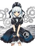  1girl alternate_costume alternate_hairstyle analog_clock black_dress black_gloves blue_eyes clock dress fingerless_gloves gears gloves highres kagiyama_hina kaigen_1025 looking_at_viewer roman_numeral short_hair single_glove smile solo steampunk touhou white_background white_hair 