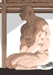  1boy bald bara from_side fugur6_fugur9 highres indoors looking_ahead male_focus mature_male muscular muscular_male no_nipples nude original pectorals profile sanpaku seiza sitting socks solo sunlight sweat thick_eyebrows thick_leg_hair thighs very_sweaty 