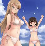  akemiho_tabi_nikki arms_up bikini black_hair brown_hair closed_eyes fukube_tamaki glasses green_eyes kouno_hikaru long_hair looking_at_viewer multiple_girls open_mouth oribe_shiori red_eyes short_hair smile standing swimsuit 