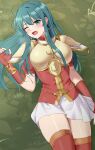  1girl absurdres amayo_thranana aqua_eyes aqua_hair armor blush bracelet breastplate commentary commission cowboy_shot eirika_(fire_emblem) fingerless_gloves fire_emblem fire_emblem:_the_sacred_stones gloves grass hand_up highres jewelry long_hair looking_at_viewer lying miniskirt on_back one_eye_closed open_mouth red_gloves red_shirt red_thighhighs shirt short_sleeves shoulder_armor skeb_commission skirt solo thighhighs thighs very_long_hair white_skirt 