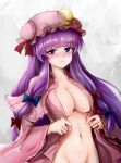  1girl blue_bow blush bottomless bow breasts capelet collarbone crescent crescent_hat_ornament groin hair_bow hat hat_ornament highres large_breasts long_hair looking_at_viewer mob_cap multiple_hair_bows namiki_(remiter00) navel out-of-frame_censoring patchouli_knowledge pink_capelet pink_robe purple_eyes purple_hair red_bow robe solo touhou wide_sleeves 