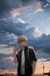  1boy black_jacket blonde_hair building chainsaw_man cityscape cloud denji_(chainsaw_man) food geboku0406 highres ice_cream jacket looking_at_food male_focus outdoors shirt short_hair short_sleeves simple_bird solo upper_body utility_pole white_shirt 