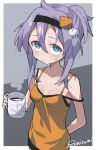  1girl black_hairband border breasts camisole closed_mouth coffee cup hair_between_eyes hair_ornament hairband highres holding holding_cup mizumi_(artist) mole mole_on_breast mug orange_camisole original outside_border ponytail purple_hair signature small_breasts solo strap_slip sweatdrop white_border 