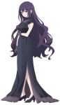  1girl black_dress black_footwear black_gloves breasts collarbone dress full_body gloves hand_on_own_arm high_heels large_breasts long_dress long_hair looking_at_viewer official_art open_mouth purple_hair red_eyes second-party_source see-through side_slit sidelocks simple_background smile solo standing tachi-e tensei_oujo_to_tensai_reijou_no_mahou_kakumei tilty_claret transparent_background 