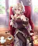  1girl bare_shoulders blonde_hair brown_dress citrinne_(fire_emblem) cup dress earrings feather_hair_ornament feathers fire_emblem fire_emblem_engage gem gold_choker gold_trim hair_ornament highres hoop_earrings indoors jewelry leather_wrist_straps mismatched_earrings pantyhose red_eyes red_gemstone teacup teapot wing_hair_ornament yuyu_(spika) 