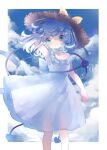  1girl bow cloud cloudy_sky dress eyeball green_eyes grey_hair hat hat_bow heart heart_of_string hiyuu_(hiyualice) komeiji_koishi sky solo straw_hat third_eye touhou white_dress 