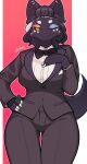  2024 5_fingers absurd_res amber_eyes anthro arumo black_body black_fur black_hair black_sclera blush bottomwear bow_tie business_suit canid clothing female fingers front_facing fur hair hand_on_hip hi_res mammal one_eye_closed pants red_background simple_background smile solo suit tail 
