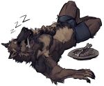  anthro bone brown_body brown_fur bulge canid canine canis clothed clothing fangs fur hi_res lying male mammal muscular muscular_anthro muscular_male mythological_canine mythological_creature mythology nmvsolidus simple_background sleeping solo teeth topless were werecanid werecanine werewolf white_background wolf 