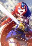  1girl absurdres alear_(female)_(fire_emblem) alear_(fire_emblem) blue_eyes blue_hair crossed_bangs fire_emblem fire_emblem_engage heterochromia highres liberation_(fire_emblem) multicolored_hair red_eyes red_hair sakunaru split-color_hair teeth tiara two-tone_hair upper_teeth_only 