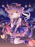  1girl bat_wings black_dress blonde_hair crystal dress flandre_day flandre_scarlet halloween halloween_costume happy_halloween hat hat_ribbon hiyuu_(hiyualice) jack-o&#039;-lantern lamp mob_cap moon multicolored_wings one_side_up puffy_short_sleeves puffy_sleeves pumpkin red_eyes red_skirt ribbon short_sleeves side_ponytail skirt skirt_set striped_clothes striped_thighhighs thighhighs touhou white_hat wings 