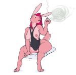  3_toes 5_fingers anthro areola bottomless bottomless_anthro bottomless_female breasts cigarette clothed clothing ear_piercing eyes_closed feet female fingers hair hi_res holding_cigarette holding_object lagomorph leporid mammal nipples partially_clothed piercing pink_body pink_hair rabbit ritts simple_background sitting smoke smoke_from_mouth smoking solo tail toes topwear topwear_only white_background 