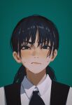  1girl annoyed black_hair black_necktie blush chainsaw_man collared_shirt frown green_background green_eyes highres looking_at_viewer mitaka_asa necktie ponytail shirt simple_background solo sweat white_shirt yao_liao_wang 