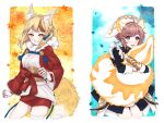  2girls :d animal_ear_fluff animal_ears apron black_dress blonde_hair brown_eyes brown_hair cowboy_shot dress falling_leaves falling_petals fingerless_gloves fire_emblem fire_emblem_fates fire_emblem_heroes fox_ears fox_girl fox_tail fur_collar gloves hair_ornament highres hugging_own_tail hugging_tail jacket japanese_clothes kimono leaf long_sleeves looking_at_viewer misato_hao multicolored_hair multiple_girls open_clothes open_jacket open_mouth petals ratatoskr_(fire_emblem) red_jacket red_skirt selkie_(fire_emblem) short_hair skirt smile squirrel_ears squirrel_girl squirrel_tail streaked_hair tail teeth white_gloves white_headdress white_kimono yellow_eyes 
